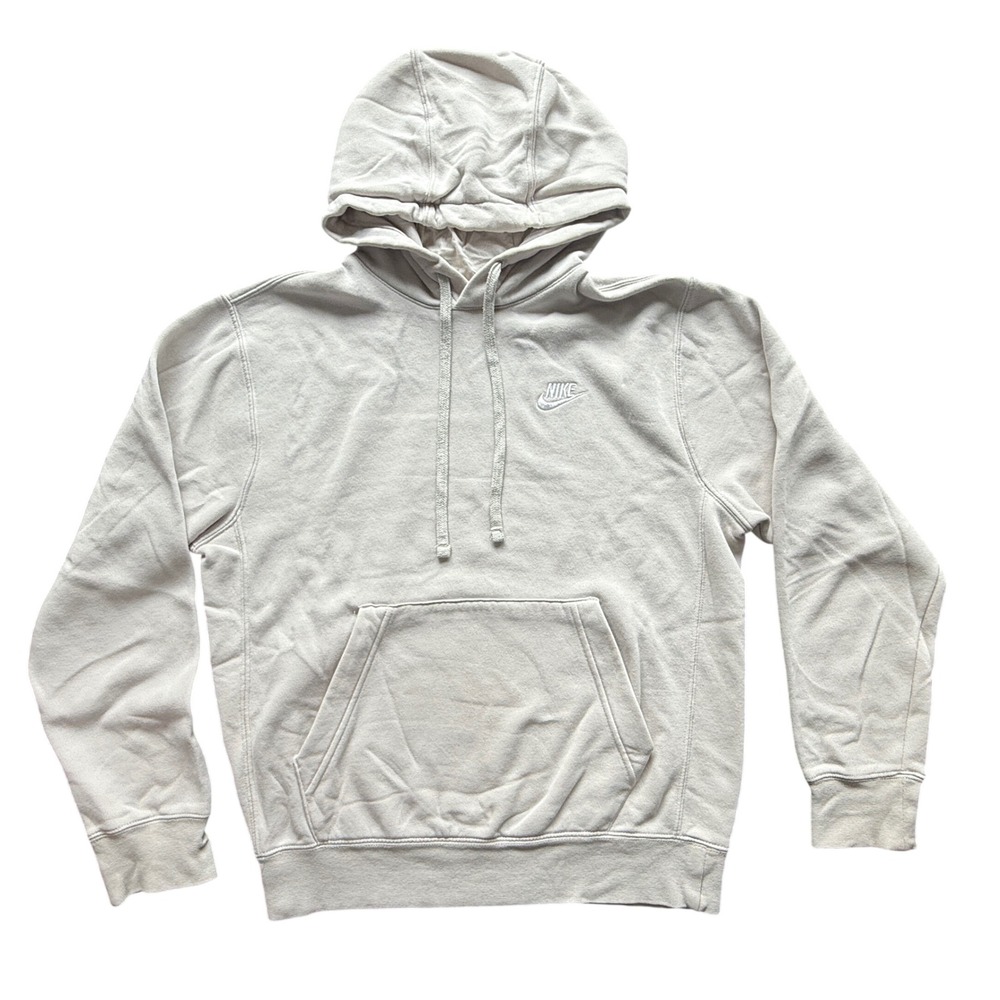 Nike Hoodie Mens M Beige Club Fleece Pullover Embroidered Logo Sweatshirt